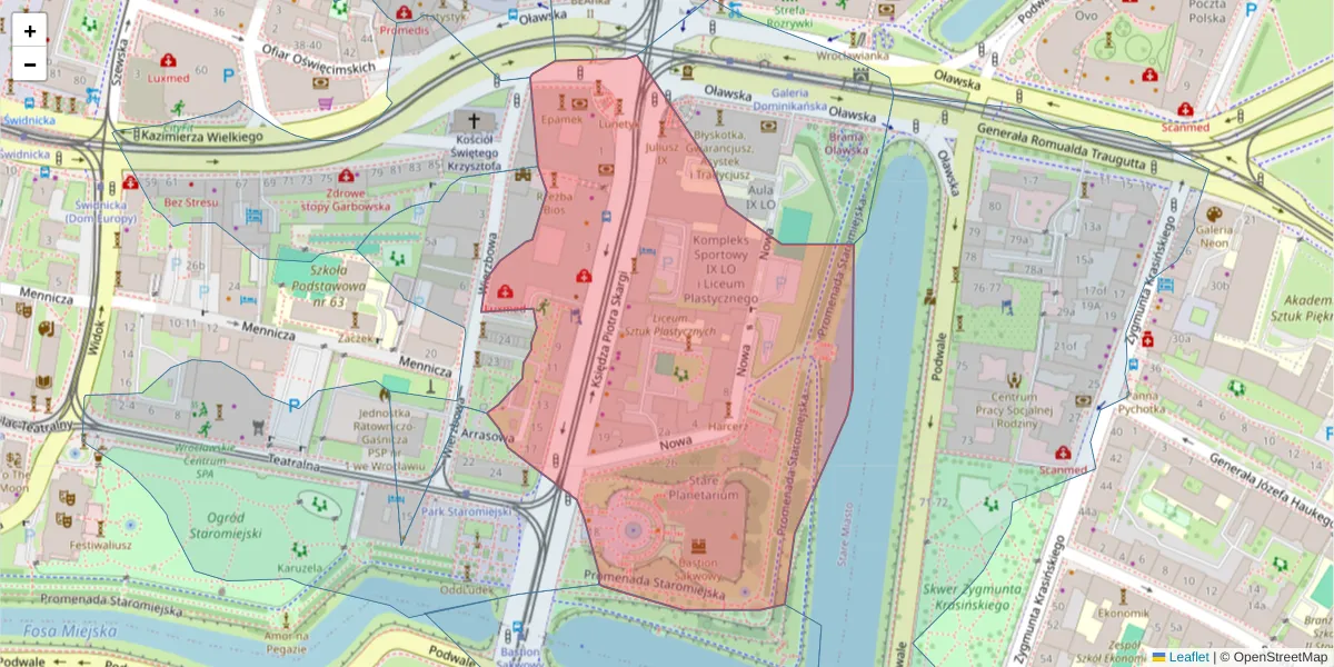 Szczegółowa mapa kodu pocztowego 50-082 z granicami, sąsiednimi kodami pocztowymi i urzędami pocztowymi