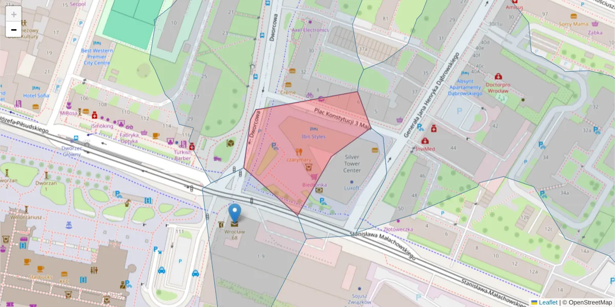 Szczegółowa mapa kodu pocztowego 50-083 z granicami, sąsiednimi kodami pocztowymi i urzędami pocztowymi