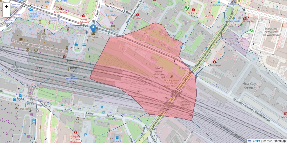 Szczegółowa mapa kodu pocztowego 50-084 z granicami, sąsiednimi kodami pocztowymi i urzędami pocztowymi