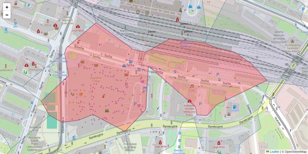 Szczegółowa mapa kodu pocztowego 50-086 z granicami, sąsiednimi kodami pocztowymi i urzędami pocztowymi