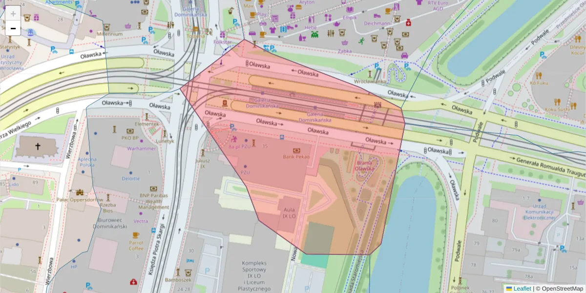 Szczegółowa mapa kodu pocztowego 50-124 z granicami, sąsiednimi kodami pocztowymi i urzędami pocztowymi