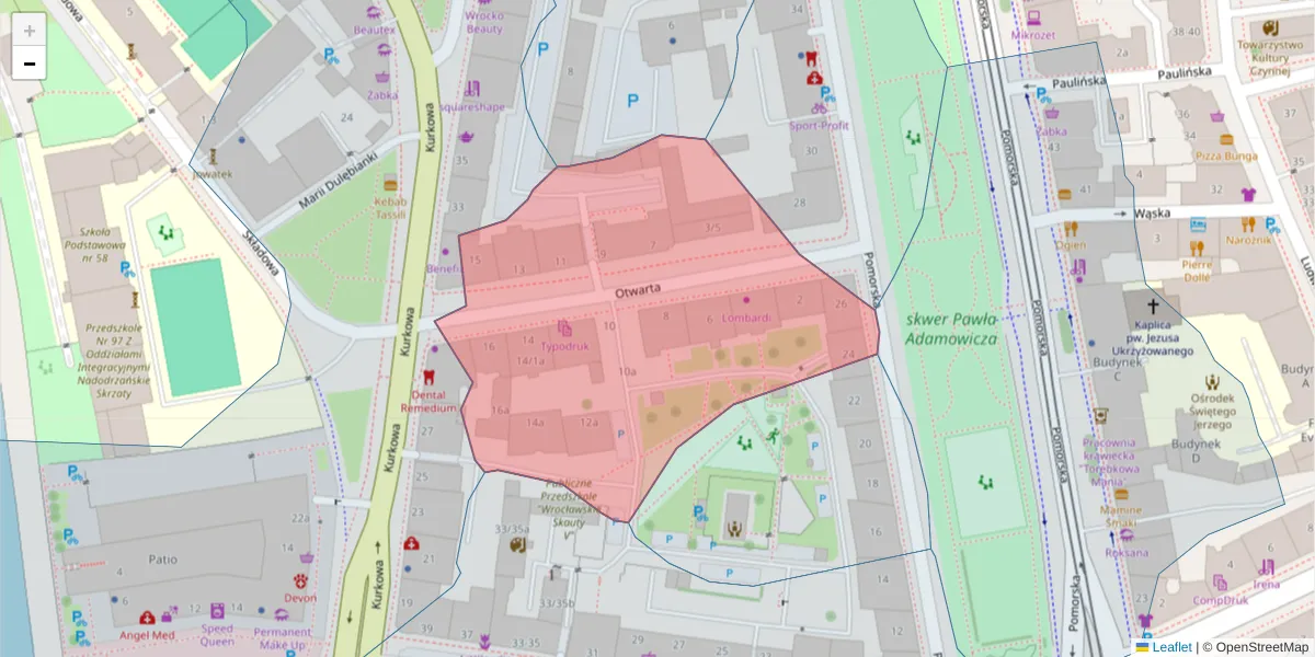 Szczegółowa mapa kodu pocztowego 50-212 z granicami, sąsiednimi kodami pocztowymi i urzędami pocztowymi