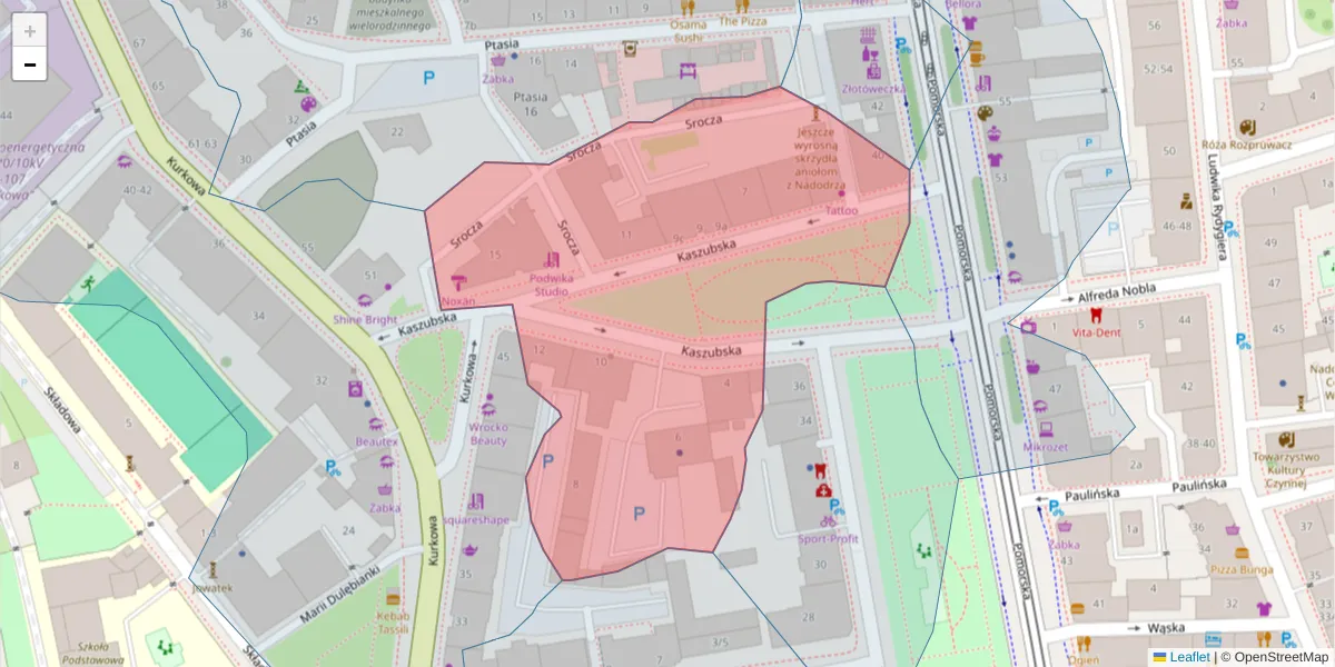 Szczegółowa mapa kodu pocztowego 50-214 z granicami, sąsiednimi kodami pocztowymi i urzędami pocztowymi
