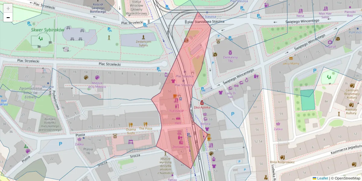 Szczegółowa mapa kodu pocztowego 50-219 z granicami, sąsiednimi kodami pocztowymi i urzędami pocztowymi