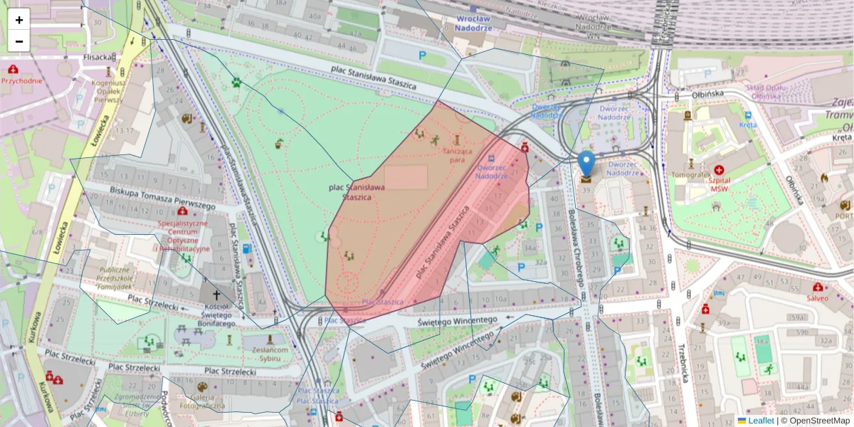 Szczegółowa mapa kodu pocztowego 50-223 z granicami, sąsiednimi kodami pocztowymi i urzędami pocztowymi