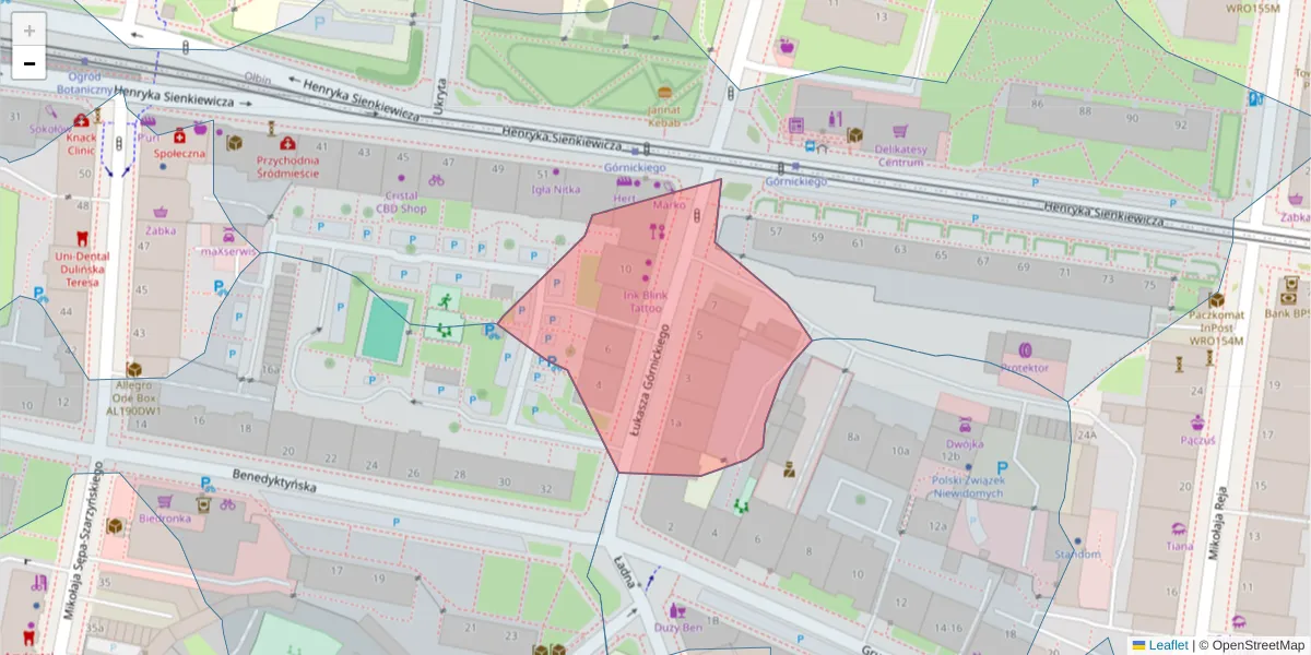 Szczegółowa mapa kodu pocztowego 50-352 z granicami, sąsiednimi kodami pocztowymi i urzędami pocztowymi