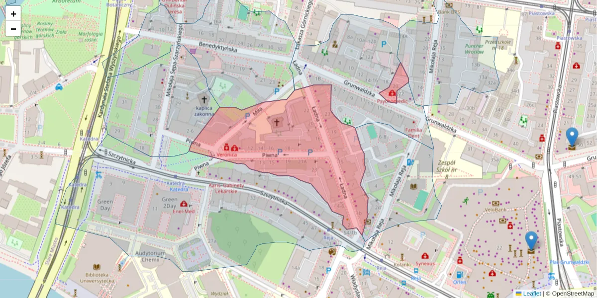 Szczegółowa mapa kodu pocztowego 50-353 z granicami, sąsiednimi kodami pocztowymi i urzędami pocztowymi