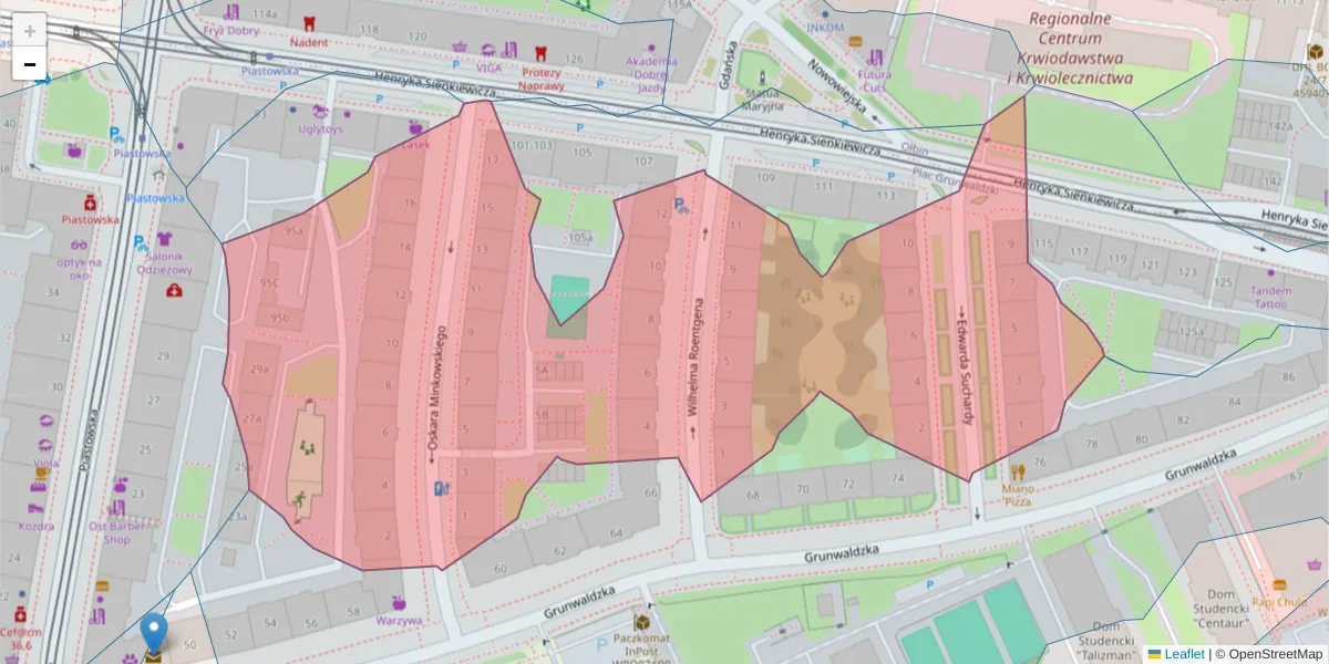Szczegółowa mapa kodu pocztowego 50-362 z granicami, sąsiednimi kodami pocztowymi i urzędami pocztowymi