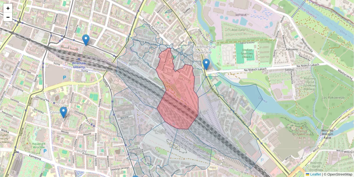 Szczegółowa mapa kodu pocztowego 50-430 z granicami, sąsiednimi kodami pocztowymi i urzędami pocztowymi