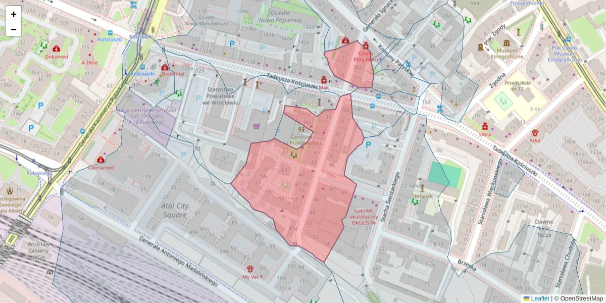 Szczegółowa mapa kodu pocztowego 50-433 z granicami, sąsiednimi kodami pocztowymi i urzędami pocztowymi