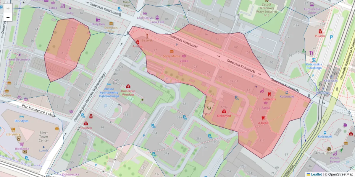 Szczegółowa mapa kodu pocztowego 50-442 z granicami, sąsiednimi kodami pocztowymi i urzędami pocztowymi
