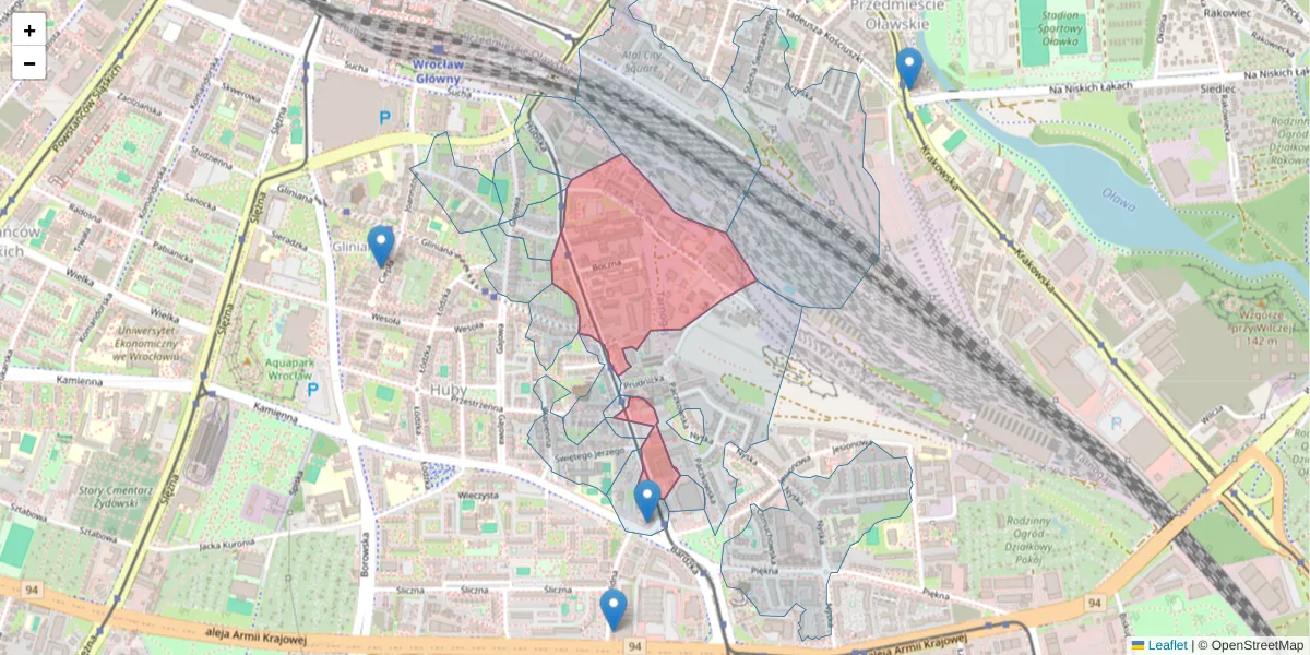 Szczegółowa mapa kodu pocztowego 50-502 z granicami, sąsiednimi kodami pocztowymi i urzędami pocztowymi