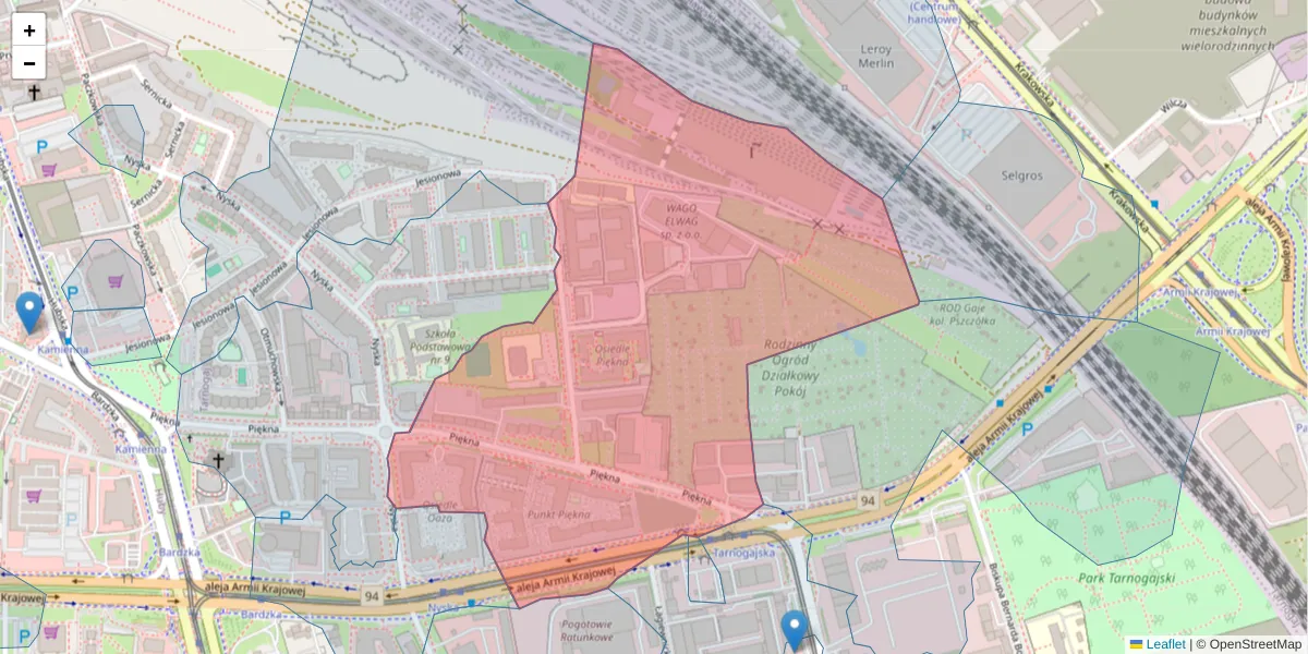 Szczegółowa mapa kodu pocztowego 50-506 z granicami, sąsiednimi kodami pocztowymi i urzędami pocztowymi