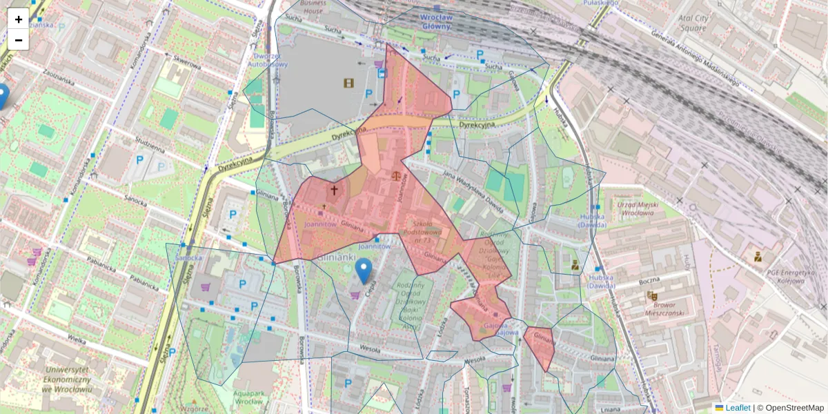 Szczegółowa mapa kodu pocztowego 50-525 z granicami, sąsiednimi kodami pocztowymi i urzędami pocztowymi