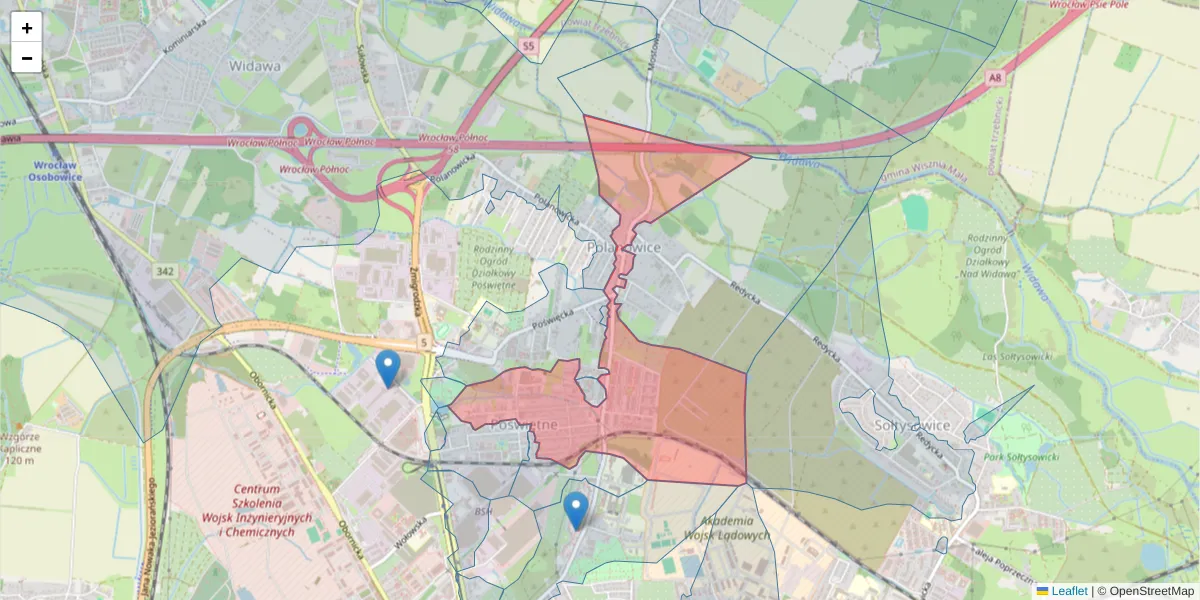 Szczegółowa mapa kodu pocztowego 51-126 z granicami, sąsiednimi kodami pocztowymi i urzędami pocztowymi
