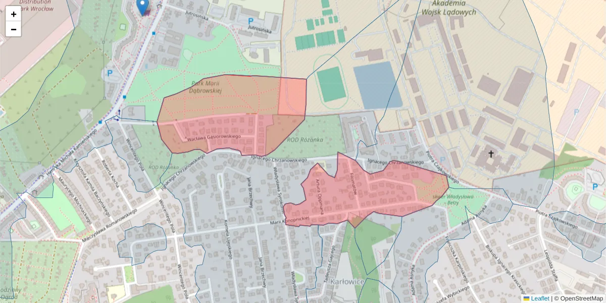 Szczegółowa mapa kodu pocztowego 51-142 z granicami, sąsiednimi kodami pocztowymi i urzędami pocztowymi