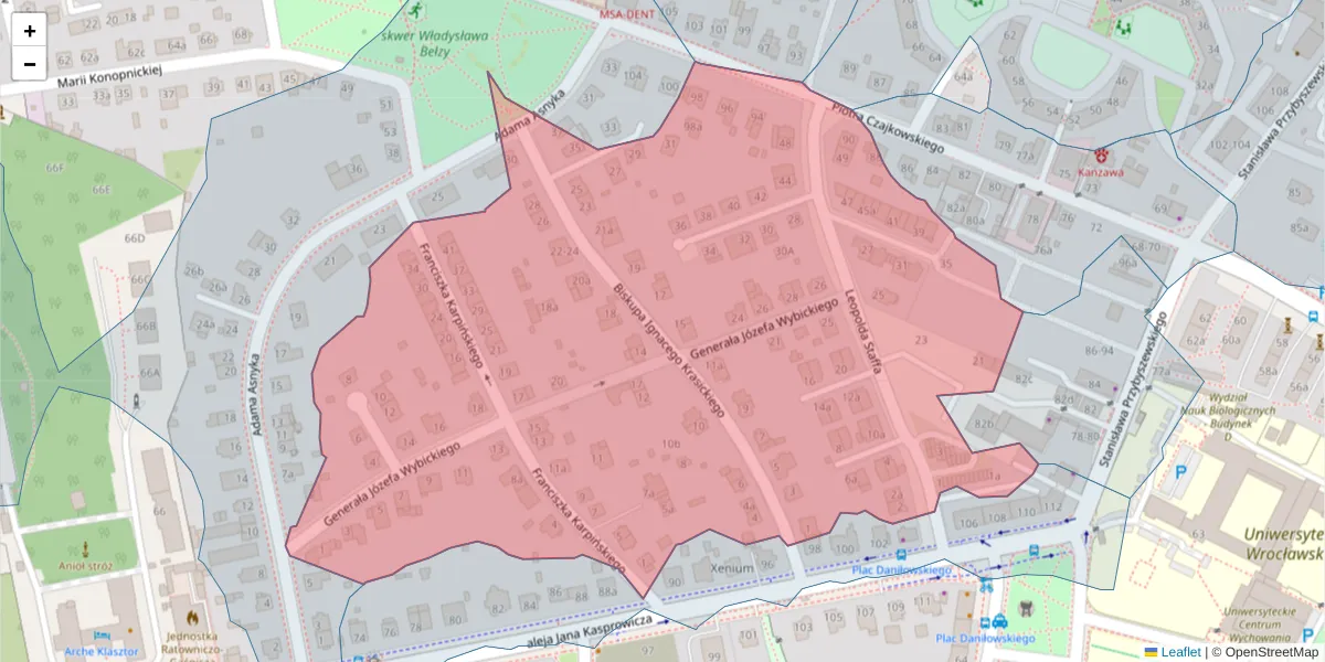 Szczegółowa mapa kodu pocztowego 51-144 z granicami, sąsiednimi kodami pocztowymi i urzędami pocztowymi