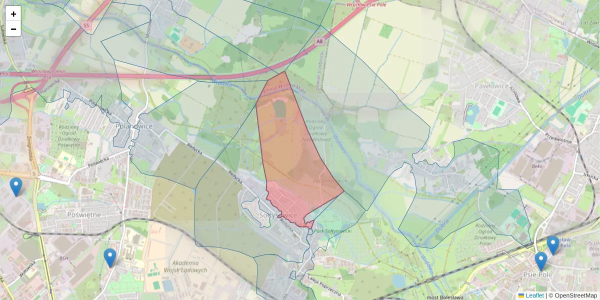 Szczegółowa mapa kodu pocztowego 51-170 z granicami, sąsiednimi kodami pocztowymi i urzędami pocztowymi