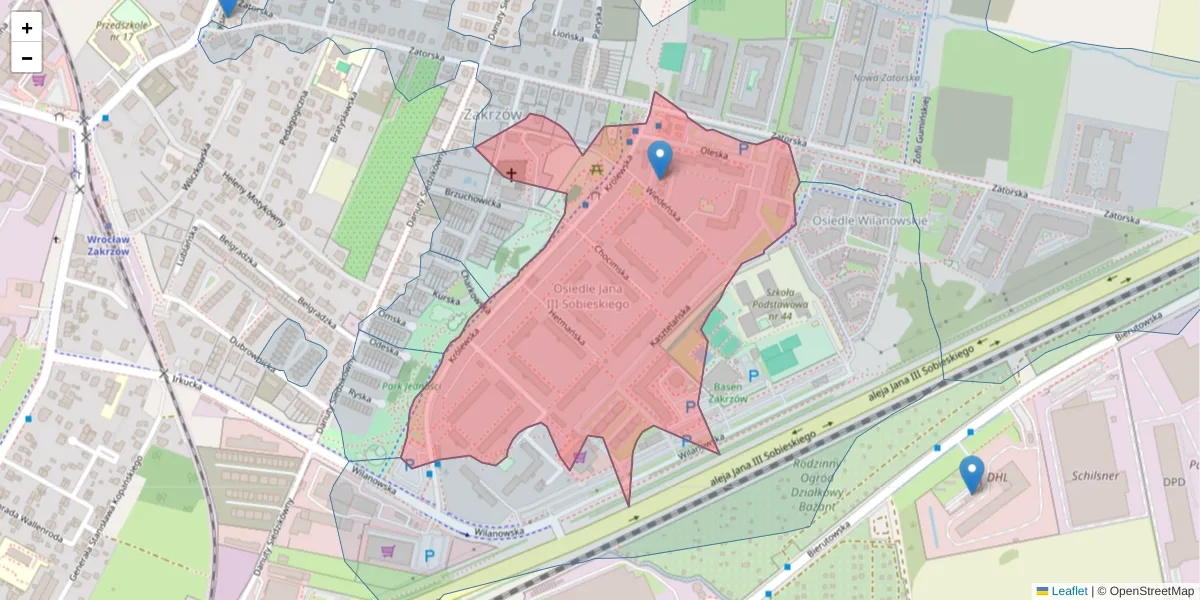 Szczegółowa mapa kodu pocztowego 51-200 z granicami, sąsiednimi kodami pocztowymi i urzędami pocztowymi