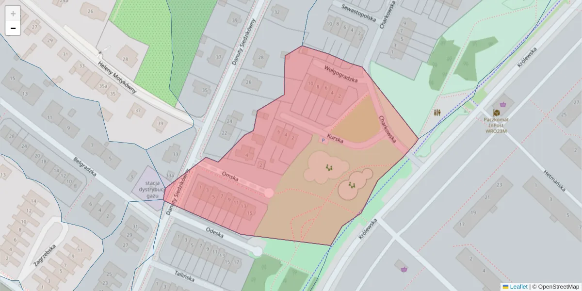 Szczegółowa mapa kodu pocztowego 51-204 z granicami, sąsiednimi kodami pocztowymi i urzędami pocztowymi