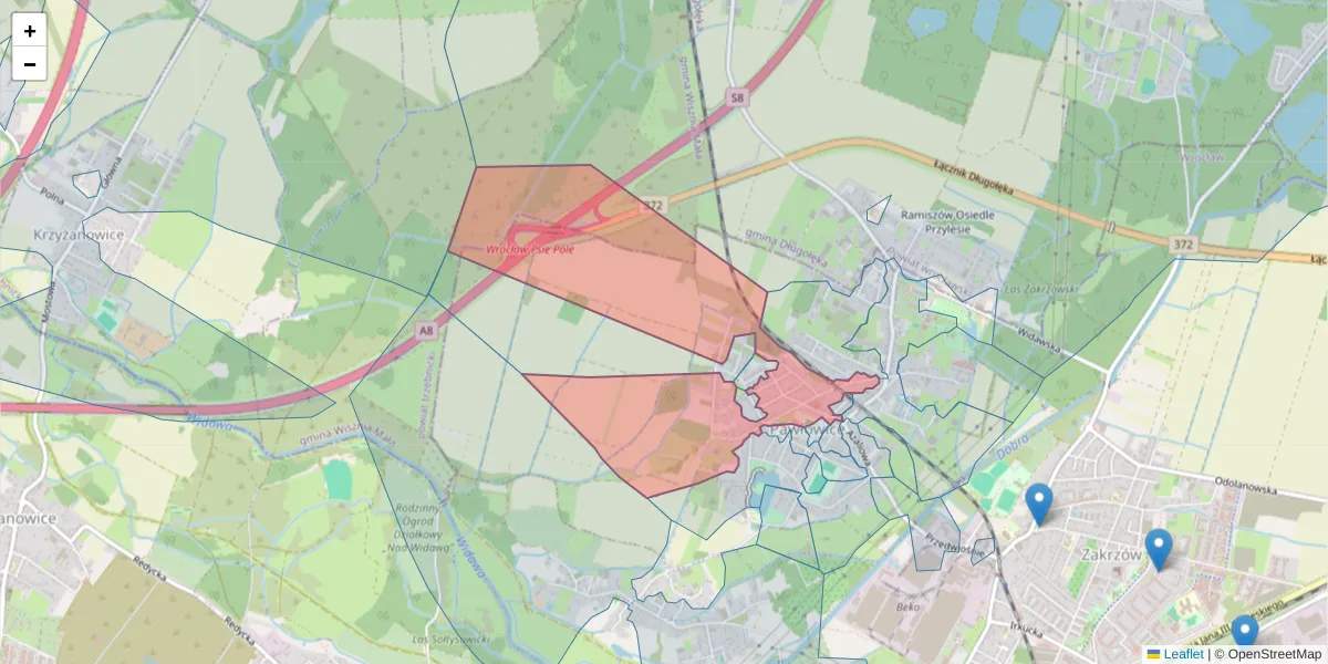 Szczegółowa mapa kodu pocztowego 51-251 z granicami, sąsiednimi kodami pocztowymi i urzędami pocztowymi