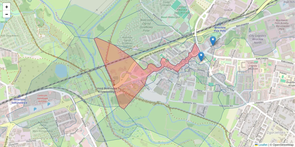 Szczegółowa mapa kodu pocztowego 51-312 z granicami, sąsiednimi kodami pocztowymi i urzędami pocztowymi