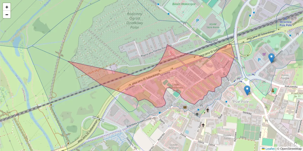 Szczegółowa mapa kodu pocztowego 51-319 z granicami, sąsiednimi kodami pocztowymi i urzędami pocztowymi