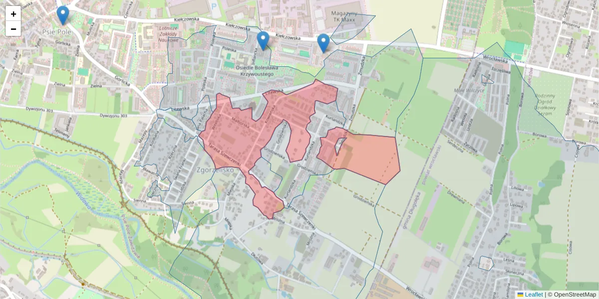 Szczegółowa mapa kodu pocztowego 51-351 z granicami, sąsiednimi kodami pocztowymi i urzędami pocztowymi