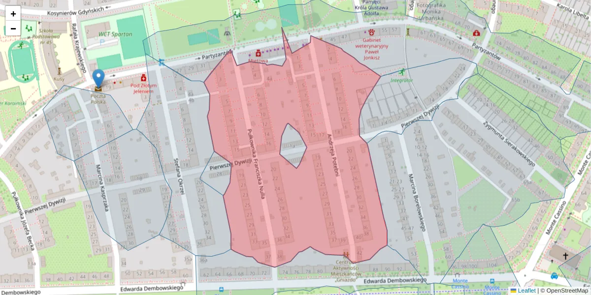 Szczegółowa mapa kodu pocztowego 51-677 z granicami, sąsiednimi kodami pocztowymi i urzędami pocztowymi
