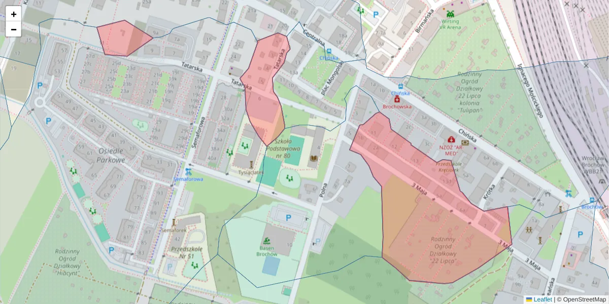 Szczegółowa mapa kodu pocztowego 52-119 z granicami, sąsiednimi kodami pocztowymi i urzędami pocztowymi