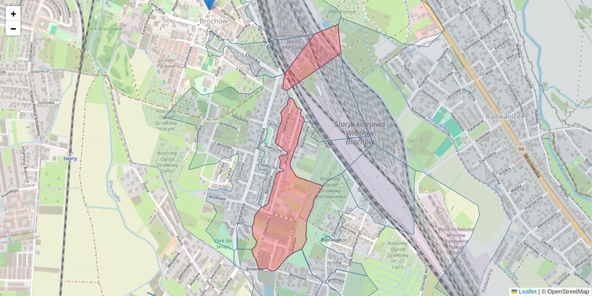 Szczegółowa mapa kodu pocztowego 52-122 z granicami, sąsiednimi kodami pocztowymi i urzędami pocztowymi