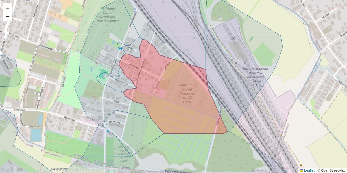Szczegółowa mapa kodu pocztowego 52-128 z granicami, sąsiednimi kodami pocztowymi i urzędami pocztowymi