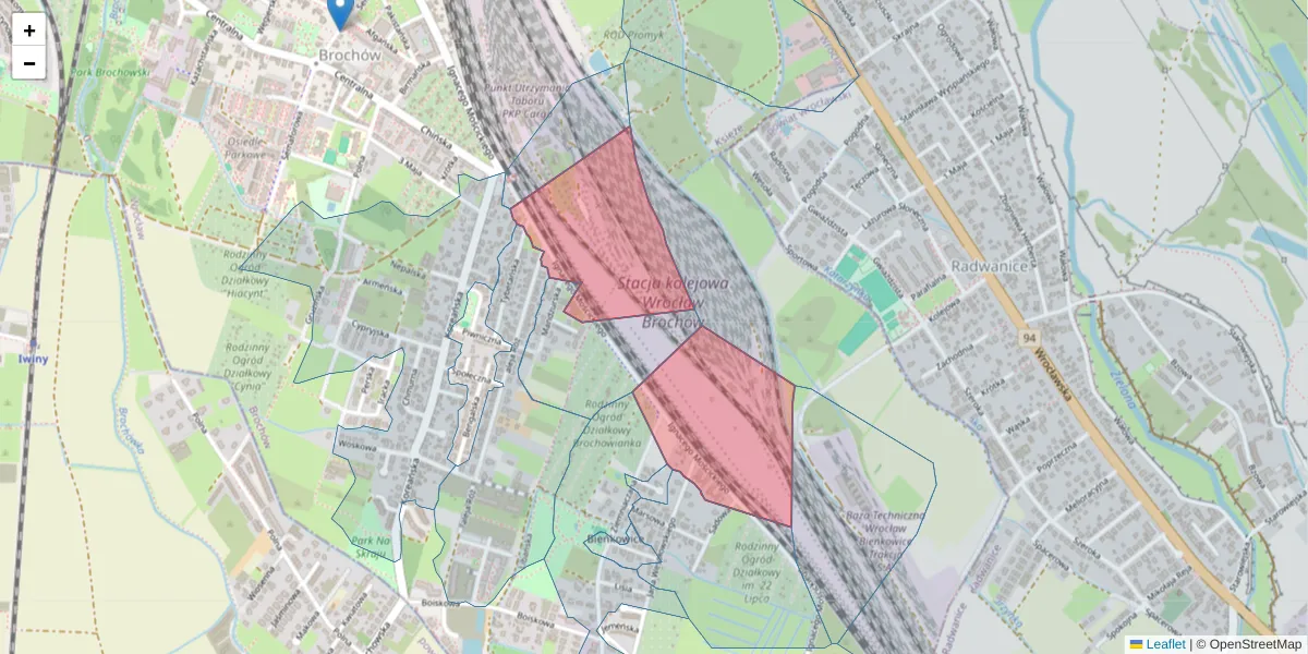 Szczegółowa mapa kodu pocztowego 52-135 z granicami, sąsiednimi kodami pocztowymi i urzędami pocztowymi