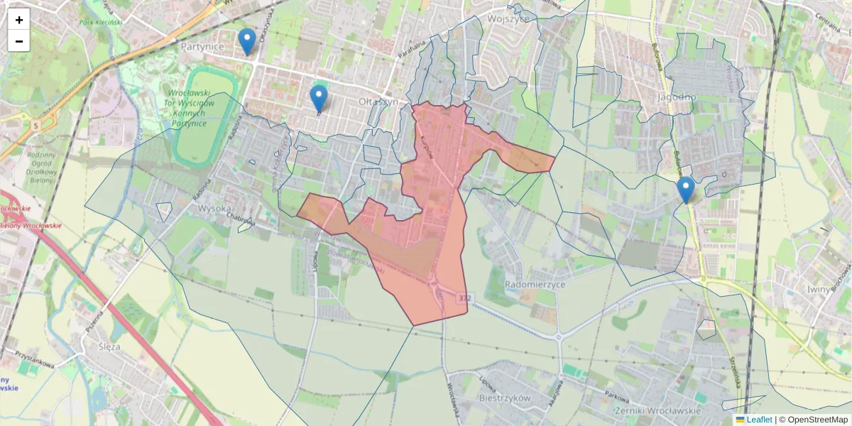 Szczegółowa mapa kodu pocztowego 52-214 z granicami, sąsiednimi kodami pocztowymi i urzędami pocztowymi