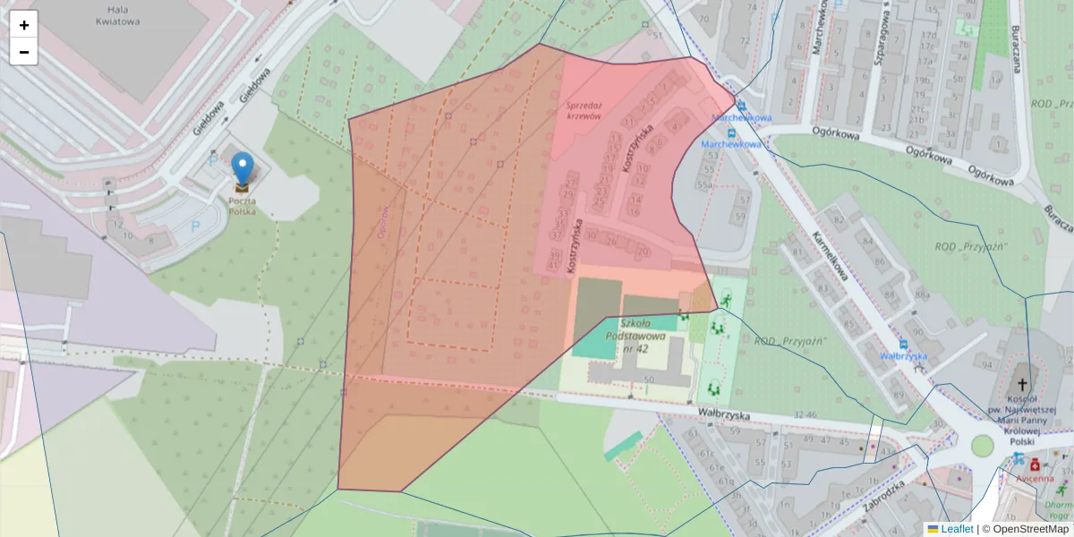Szczegółowa mapa kodu pocztowego 52-320 z granicami, sąsiednimi kodami pocztowymi i urzędami pocztowymi