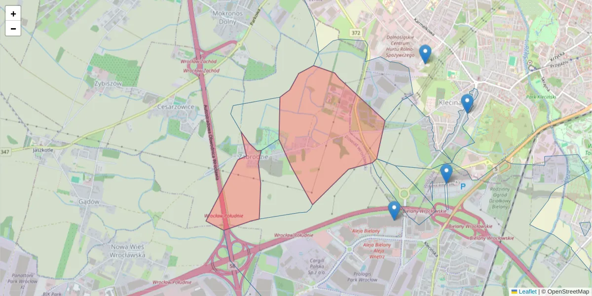 Szczegółowa mapa kodu pocztowego 52-327 z granicami, sąsiednimi kodami pocztowymi i urzędami pocztowymi