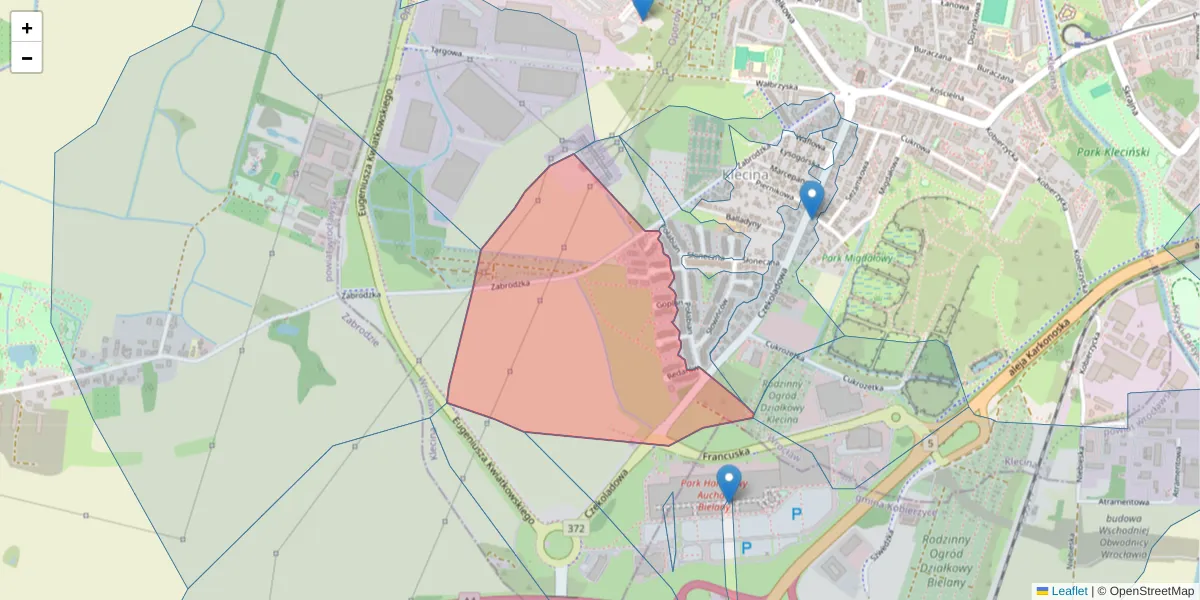 Szczegółowa mapa kodu pocztowego 52-340 z granicami, sąsiednimi kodami pocztowymi i urzędami pocztowymi
