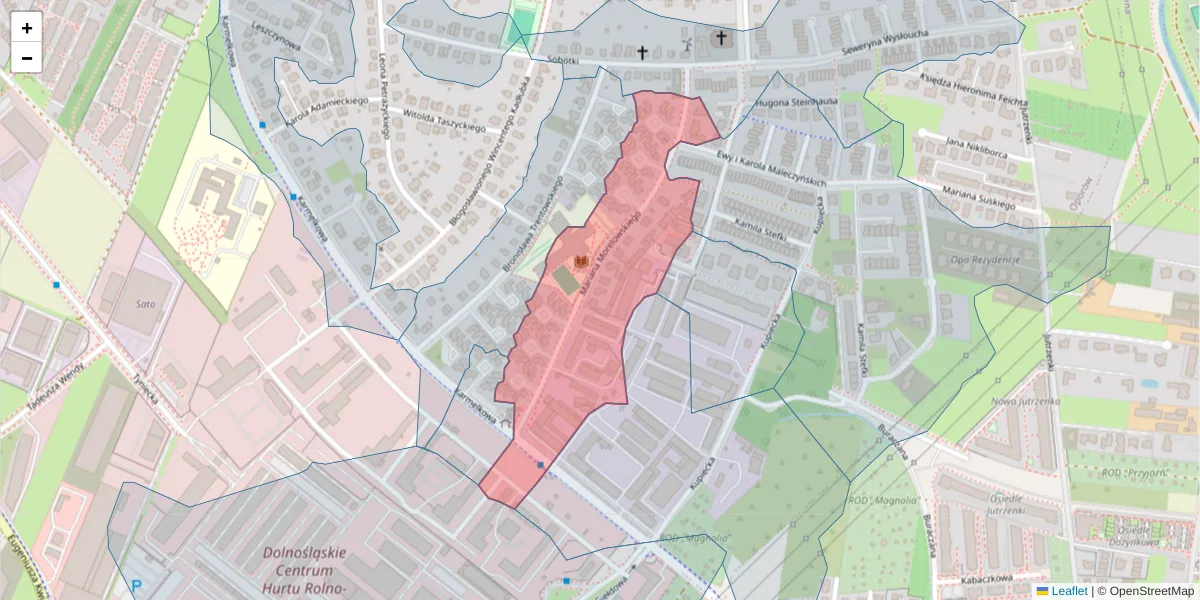 Szczegółowa mapa kodu pocztowego 52-429 z granicami, sąsiednimi kodami pocztowymi i urzędami pocztowymi