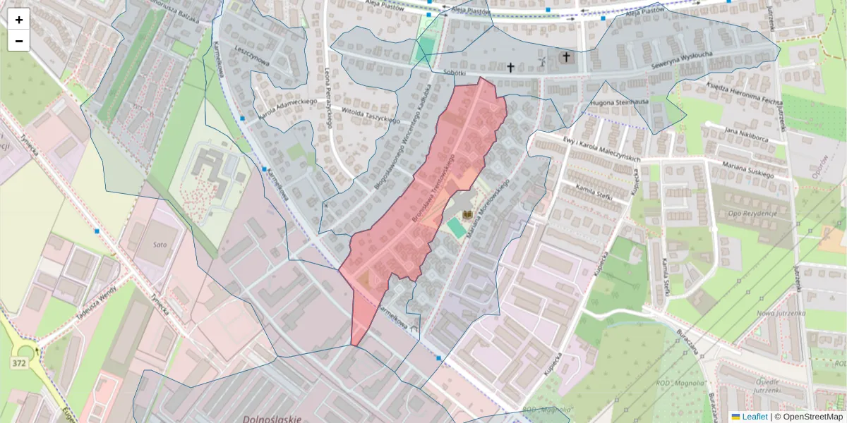 Szczegółowa mapa kodu pocztowego 52-430 z granicami, sąsiednimi kodami pocztowymi i urzędami pocztowymi