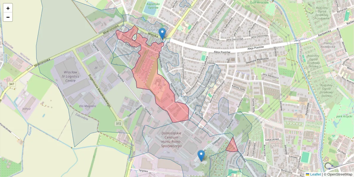 Szczegółowa mapa kodu pocztowego 52-437 z granicami, sąsiednimi kodami pocztowymi i urzędami pocztowymi