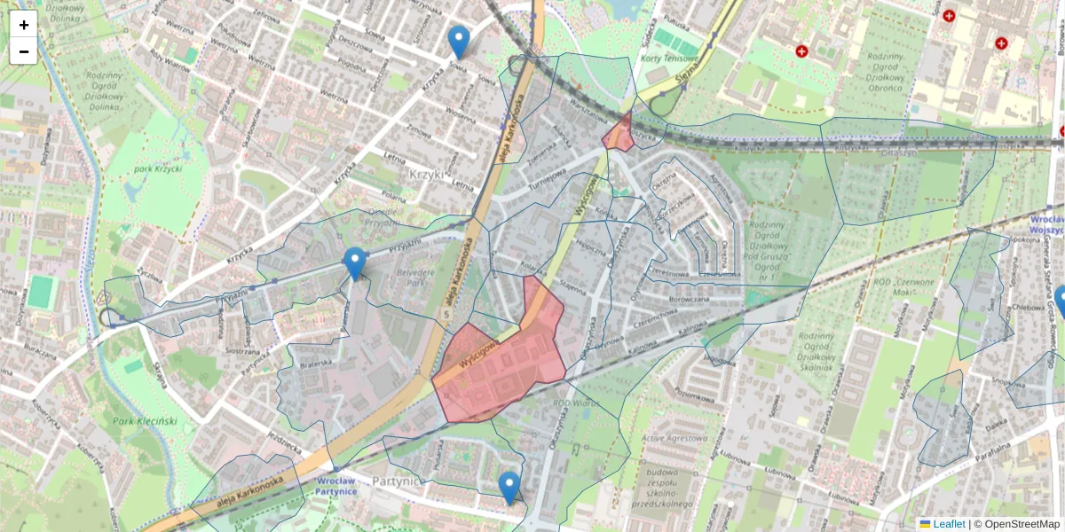 Szczegółowa mapa kodu pocztowego 53-012 z granicami, sąsiednimi kodami pocztowymi i urzędami pocztowymi