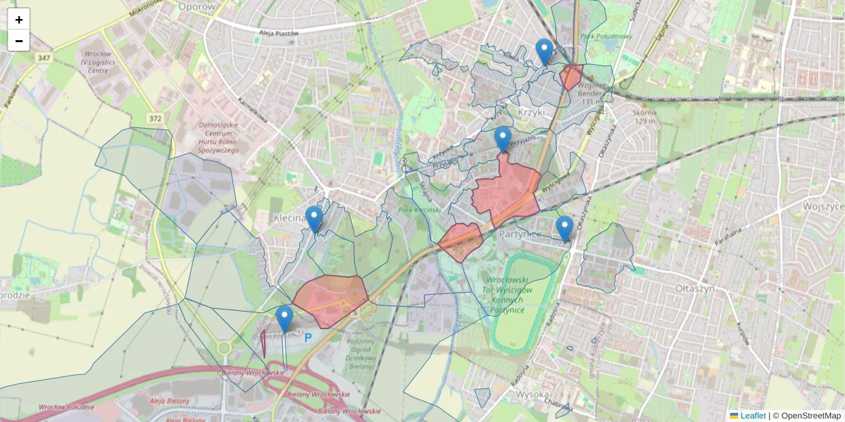 Szczegółowa mapa kodu pocztowego 53-015 z granicami, sąsiednimi kodami pocztowymi i urzędami pocztowymi