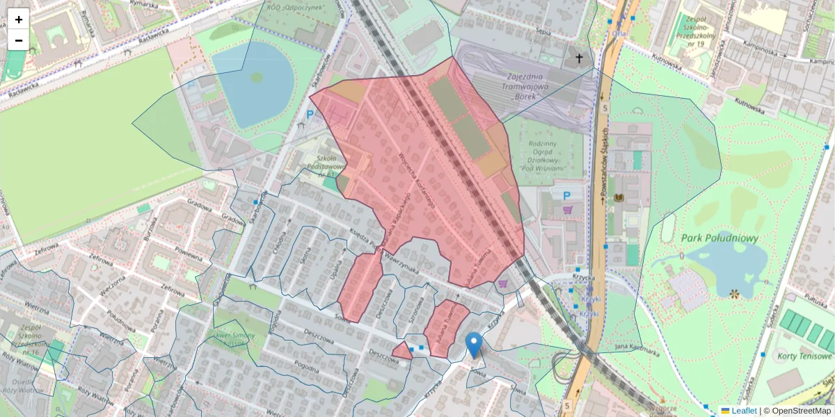 Szczegółowa mapa kodu pocztowego 53-021 z granicami, sąsiednimi kodami pocztowymi i urzędami pocztowymi