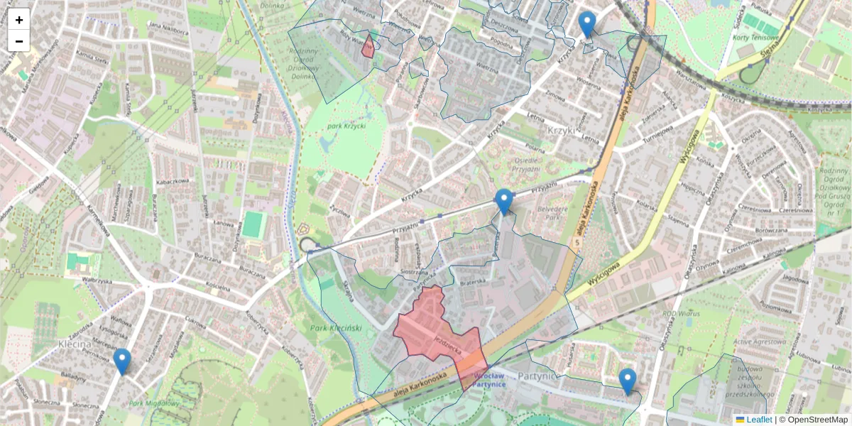 Szczegółowa mapa kodu pocztowego 53-032 z granicami, sąsiednimi kodami pocztowymi i urzędami pocztowymi