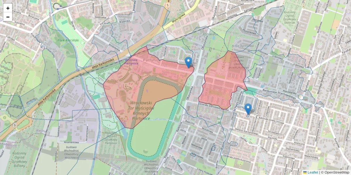 Szczegółowa mapa kodu pocztowego 53-033 z granicami, sąsiednimi kodami pocztowymi i urzędami pocztowymi