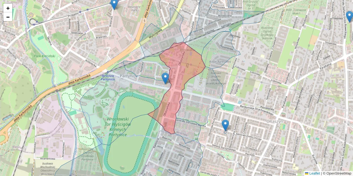 Szczegółowa mapa kodu pocztowego 53-034 z granicami, sąsiednimi kodami pocztowymi i urzędami pocztowymi