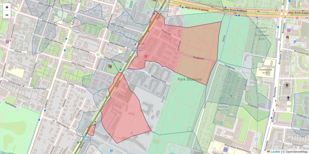 Szczegółowa mapa kodu pocztowego 53-111 z granicami, sąsiednimi kodami pocztowymi i urzędami pocztowymi