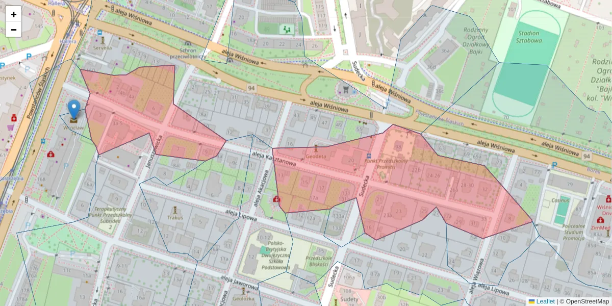 Szczegółowa mapa kodu pocztowego 53-125 z granicami, sąsiednimi kodami pocztowymi i urzędami pocztowymi