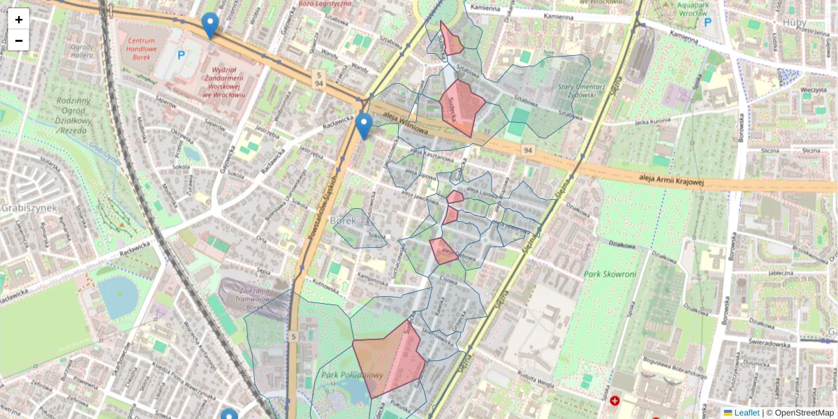 Szczegółowa mapa kodu pocztowego 53-129 z granicami, sąsiednimi kodami pocztowymi i urzędami pocztowymi