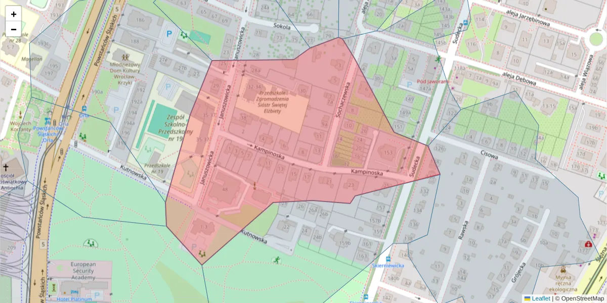 Szczegółowa mapa kodu pocztowego 53-133 z granicami, sąsiednimi kodami pocztowymi i urzędami pocztowymi